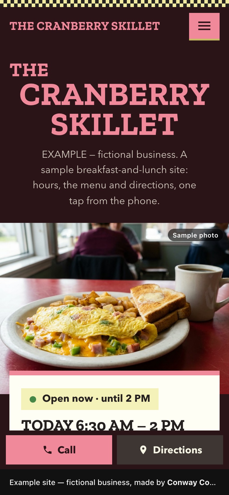 An example website for The Cranberry Skillet, a made-up diner, on a phone